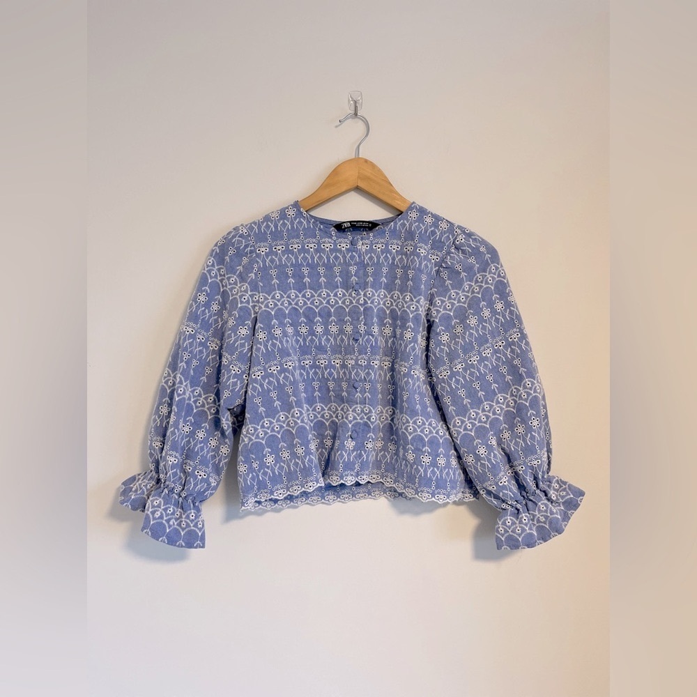Smocked Lace-Trim Puff Sleeve Top - Light Blue
